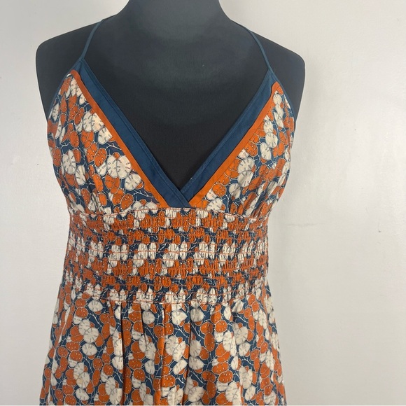 Susana Monaco Silk Cotton halter dress  orange navy white floral Hawaiian size 8 - Picture 2 of 7